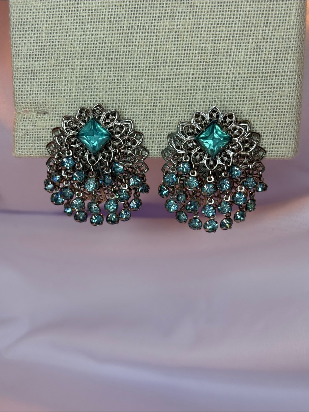 Vintage Teal Crystal Chandelier Clip on style Earrings - Women's Jewelry - Picture 3 of 4